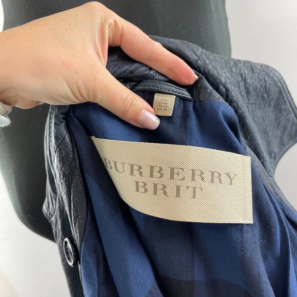 Burberry Brit Dark Blue Distressed Leather Belted Trench Coat Jacket US 6 UK 8 - Picture 14 of 16